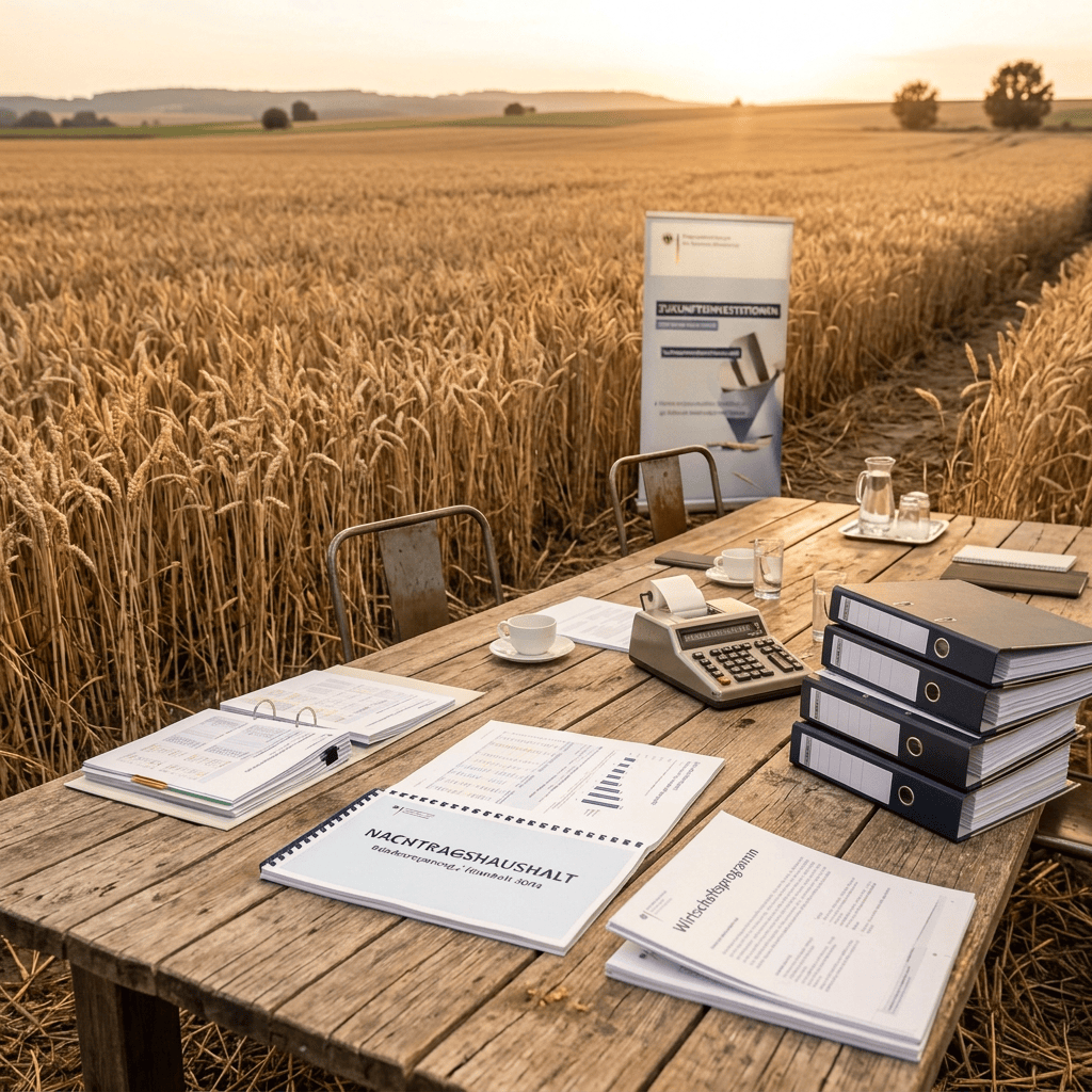 Rechenmaschine und Aktenordner im Weizenfeld